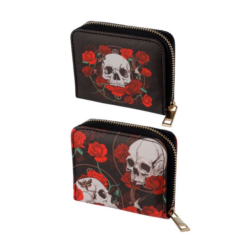 Skulls and Roses Zip Around Small Wallet Purse